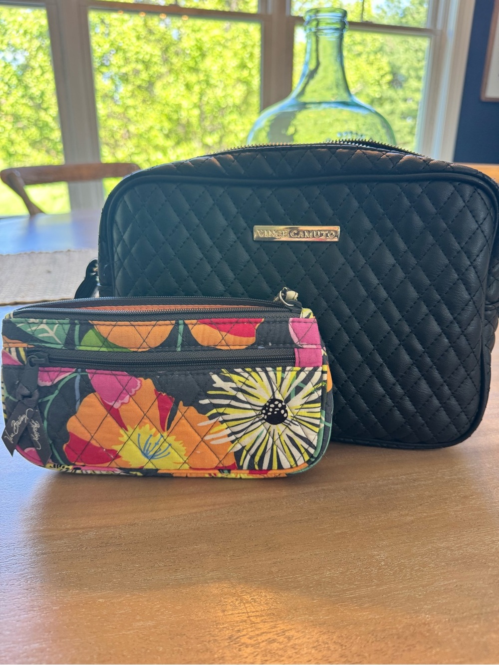 Vera Bradley flower pouch with Vince Camuto stitched faux leather cosmetic bag